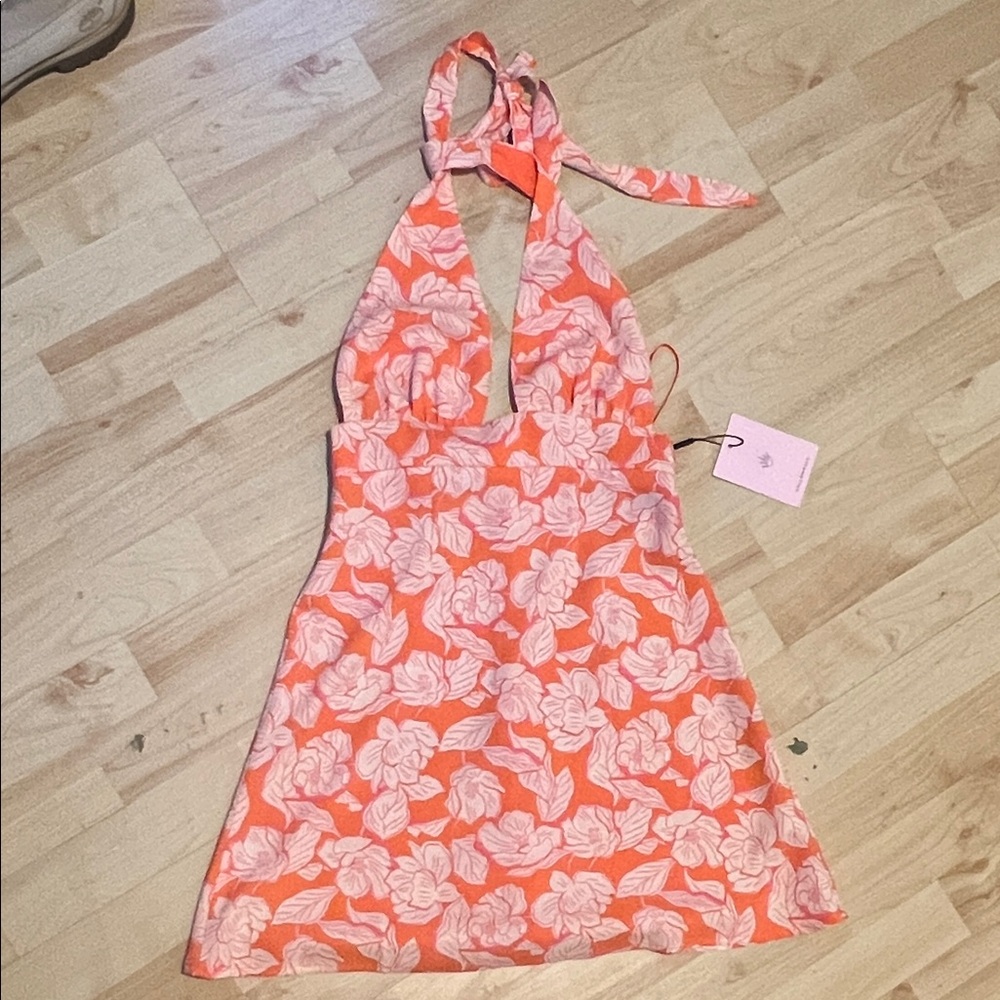 Hello Molly Coral Pink Floral Halter Mini Dress